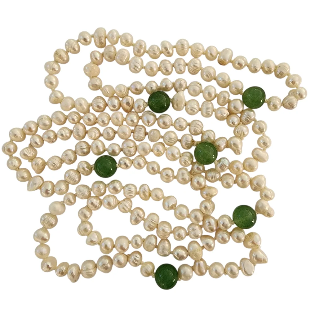 Extra long pearl necklace with green apple quartz hand knotted pearls L511 -Q5